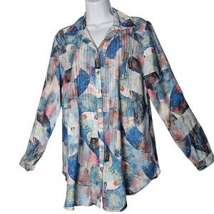 NWT Alison Sheri Abstract Print Pleated‎ Button Up Blouse Tencel Blend Women 10